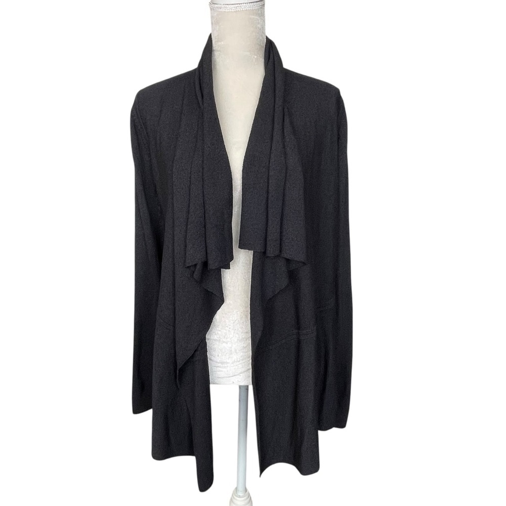 Eileen Fisher Waterfall Open Front Black Cardigan Women’s Size S Raw Edges